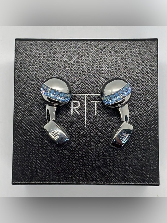 R|T By Robert Tateossian London Swarovski Blue Crystal Cufflinks Rhodium W Box